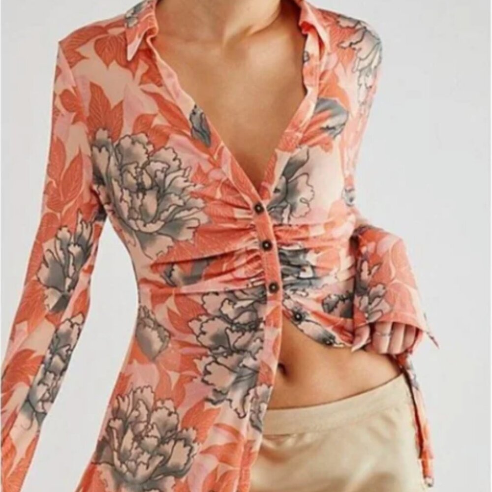 Free People Lucky Shirtee Blouse Floral Peach Bloom Womens Size Small